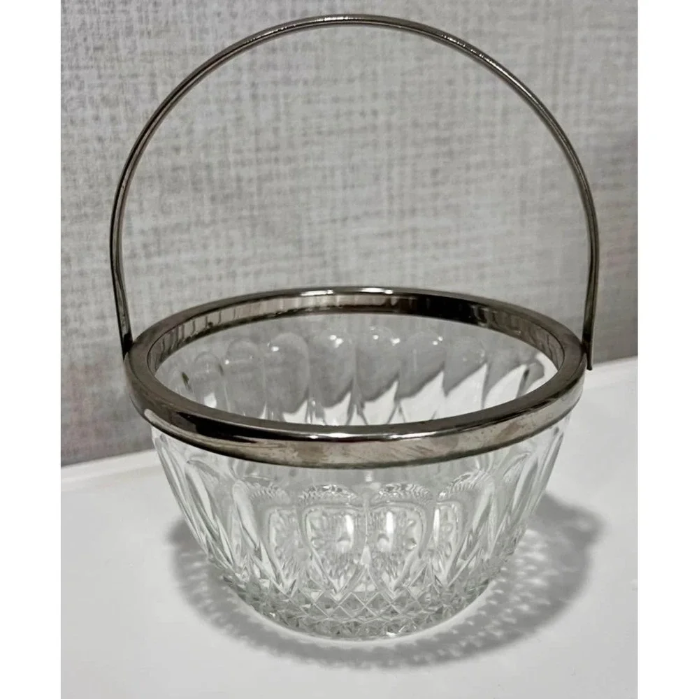 Vintage Reims France Cut Crystal Candy Dish Silver Rim Swing Handle Sugar Bucket